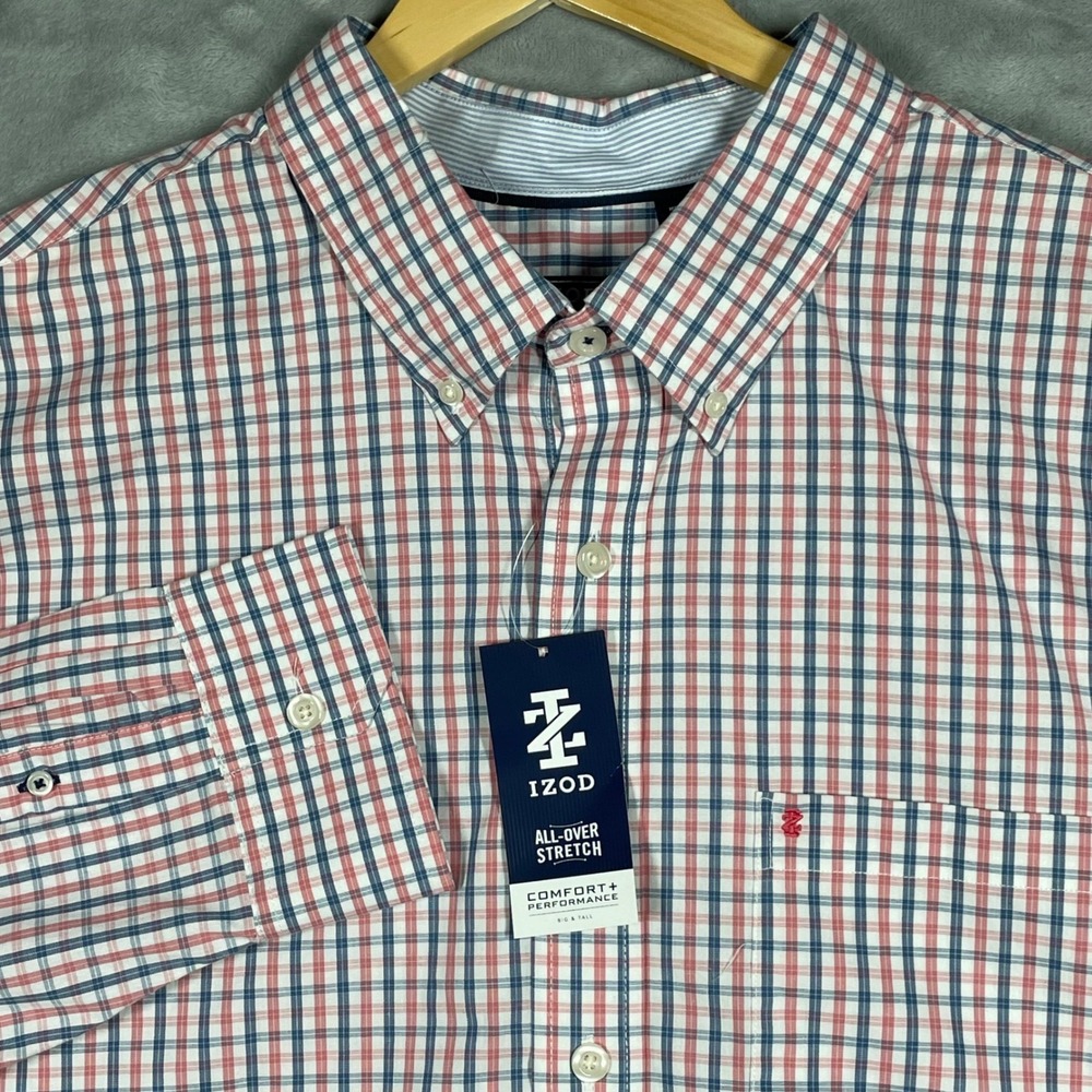 IZOD Mens 2XB Big & Tall Performance Plaid Button Down Shirt Holly Berry Red NEW